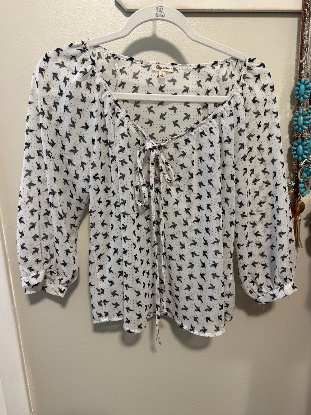 Lily Star White Blouse with Black Bird Print Tie-Neck Small